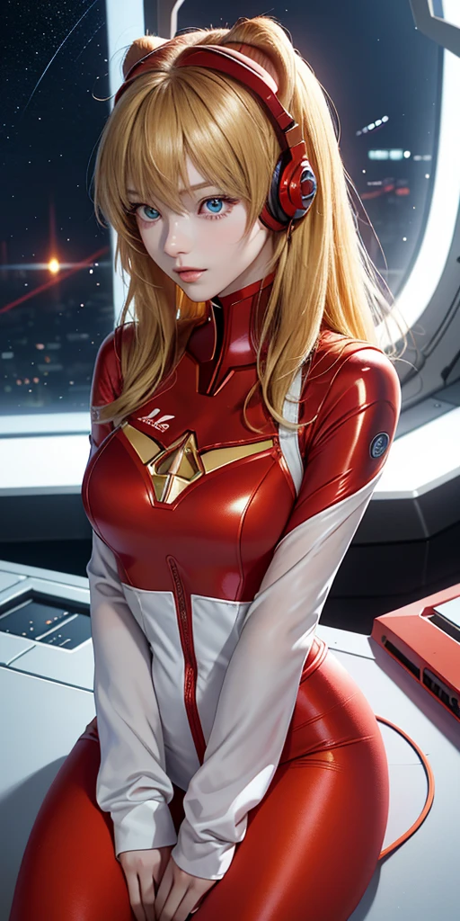 (top view),dynamic angle,Super detailed, illustration, close up, direct, 1 girl, 
 ((Soryu Asuka Langley, Interface headset, Red tights:1.4, blonde)),Her eyes shone like fantastic stars,(glowing eyes:1.233),(Beautiful and delicate eyes:1.1),(Poker face,Keep your mouth shut),(permanent), 
(Mechanical room with tools and spaceship windows in white spaceship),
(night:1.2),fantastic, [[slender fingers and hands:0.55]::0.85],(Detail fingers),