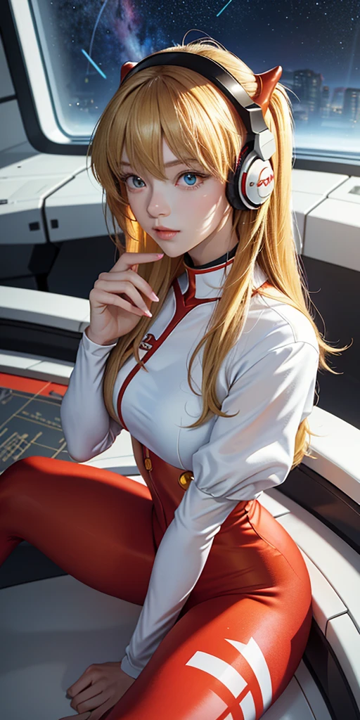 (top view),dynamic angle,Super detailed, illustration, close up, direct, 1 girl, 
 ((Soryu Asuka Langley, Interface headset, Red tights:1.4, blonde)),Her eyes shone like fantastic stars,(glowing eyes:1.233),(Beautiful and delicate eyes:1.1),(Poker face,Keep your mouth shut),(permanent), 
(Mechanical room with tools and spaceship windows in white spaceship),
(night:1.2),fantastic, [[slender fingers and hands:0.55]::0.85],(Detail fingers),