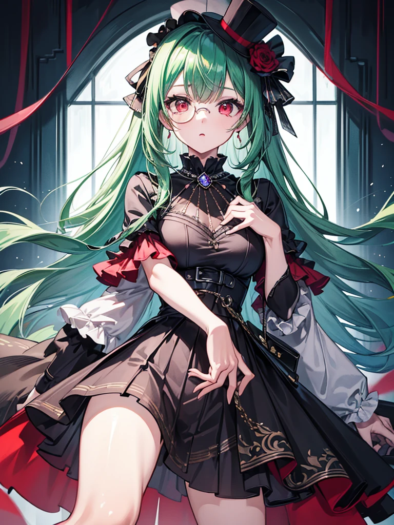 （（（masterpiece、Highest image quality、highest quality、highly detailed unity 8ｋwallpaper）））、（（Illustration of one girl））、（（（beautiful girl）））、（Emerald green hair、sidelocks：1.2、red eyes）、（（（Black top hat、tuxedo）））、monocle、（glasgow smile）