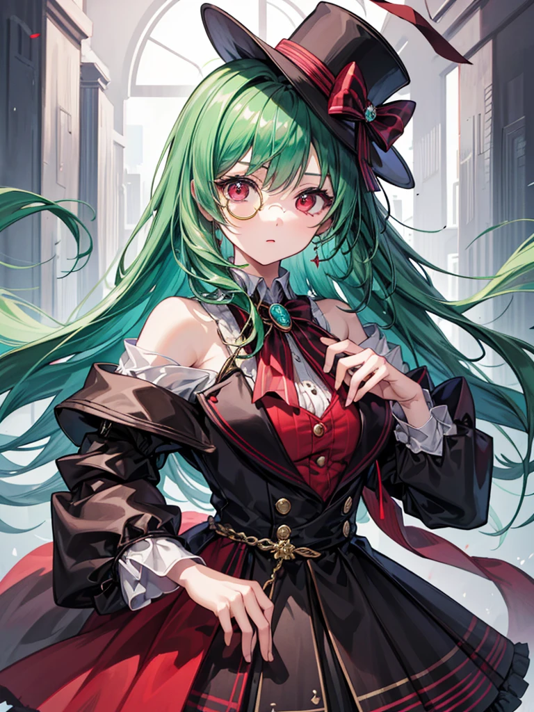 （（（masterpiece、Highest image quality、highest quality、highly detailed unity 8ｋwallpaper）））、（（Illustration of one girl））、（（（beautiful girl）））、（Emerald green hair、sidelocks：1.2、red eyes）、（（（Black top hat、tuxedo）））、monocle、（glasgow smile）