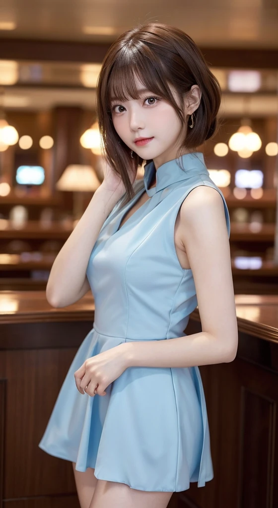 (top-quality,in 8K,masterpiece:1.3),(超A high resolution,Photorealsitic:1.4,RAW shooting),(ultra-detailliert,Caustics,perfect anatomia),(ultra-detailliertな背景,Ultra-realistic capture,beautifully detailed eyes),(Casino Bar:1.1),(Gorgeous light blue dress that is almost white:1.1),to stand,韓国アイドル,20yr old,kawaii,Wavy center parted brown hair,short-hair,Staring at this,Naughty look, natta,Dynamic lighting
