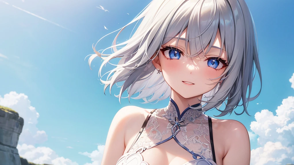 super high quality, with a girl, 20-year-old, very short hair, long bangs between the eyes, pale blue eyes , very detailed,(masterpiece、highest quality)、alone、gray hair、laughter、fantasy, silver hair, black eye, beautiful eyes,, ecstasy, charm, fantasyな風景、