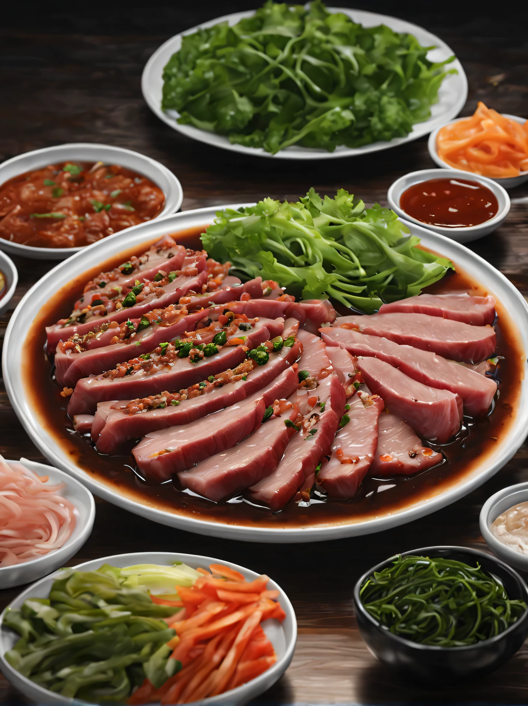 a plate of korean food, thin slices of meat, minced meat, greens, shallot, best quality, 4K, 8 thousand, mackerel, masterpiece, very detailed, realistic, PHOTOrealistic, PHOTO-realistic, hdr, studio lighting, Ultrafine painting, sharp focus, Physically Based Rendering, professional