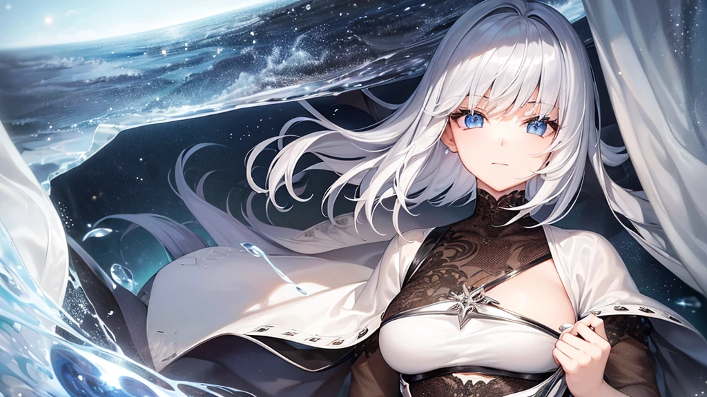 super high quality, with a girl, 20-year-old, very short hair, long bangs between the eyes, pale blue eyes , very detailed,(masterpiece、highest quality)、alone、gray hair、laughter、fantasy, silver hair, black eye, beautiful eyes,, ecstasy, charm, fantasyな風景、