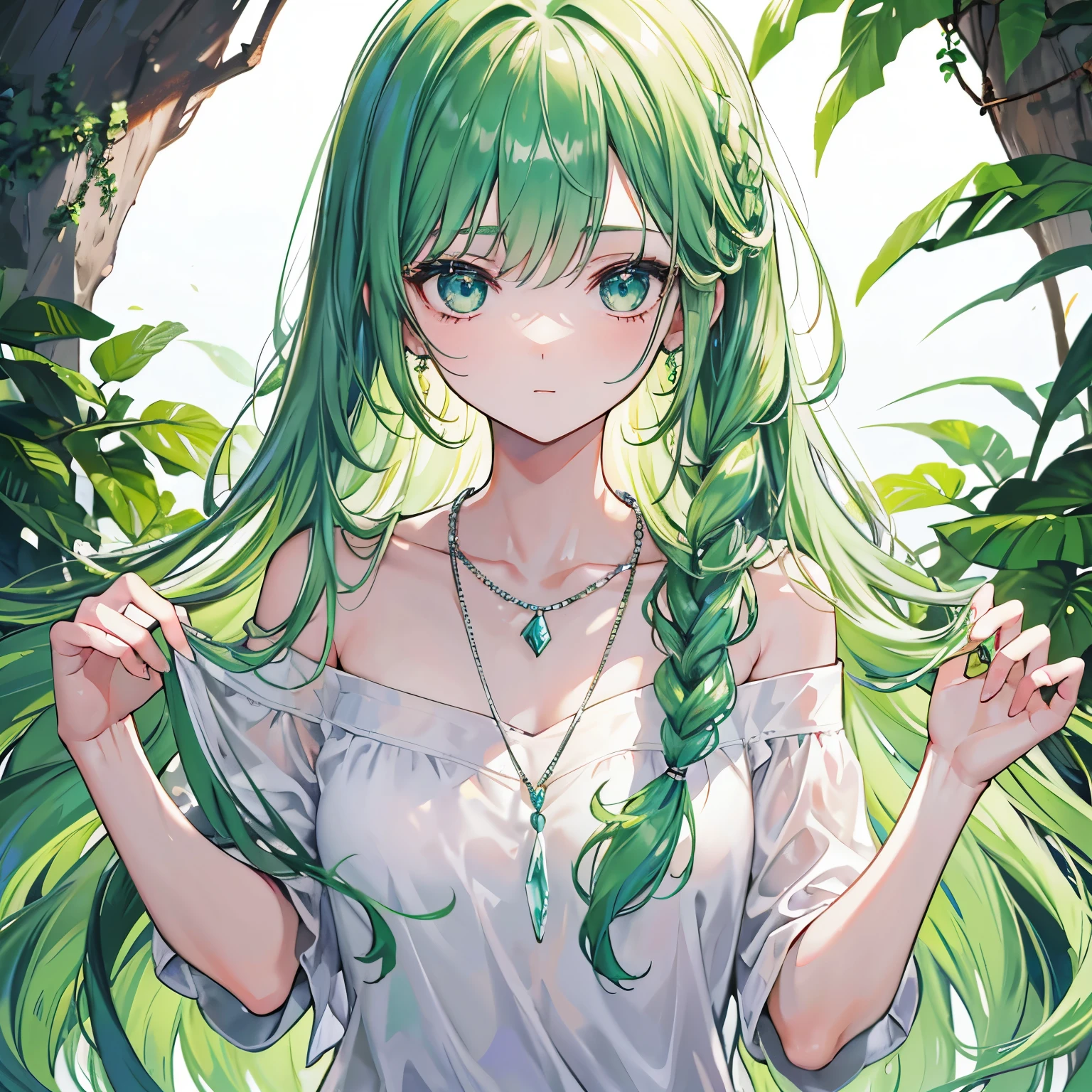 With braids,Glossy stuff, Moist and clear face,It has a nice feel,green hair,Wear a simple plain off-the-shoulder t-shirt,A crystal clear silver necklace hangs around his neck