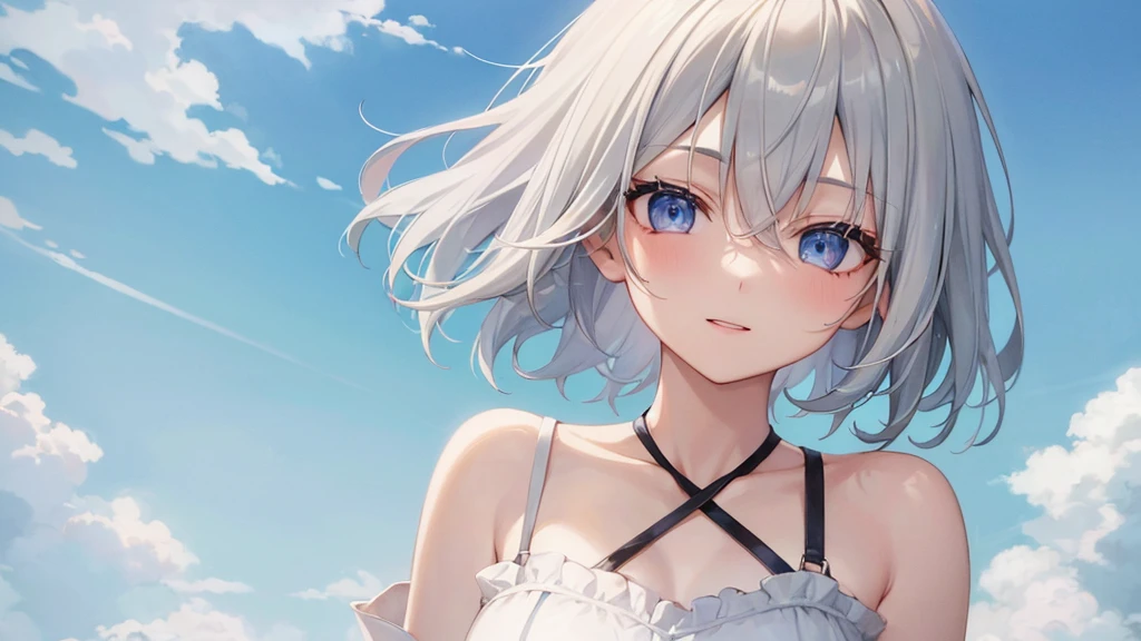 super high quality, with a girl, 20-year-old, very short hair, long bangs between the eyes, pale blue eyes , very detailed,(masterpiece、highest quality)、alone、gray hair、laughter、fantasy, silver hair, black eye, beautiful eyes,, ecstasy, charm,  fantasyな風景、