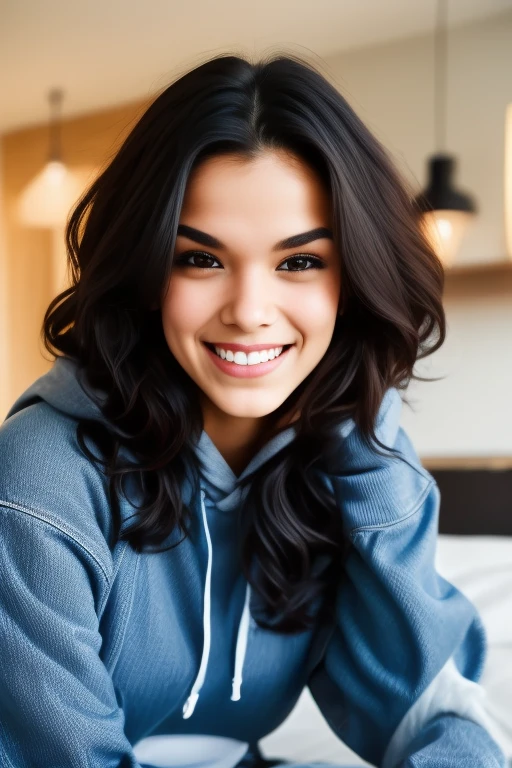 A young woman with a laid-back style, wearing jeans and a hoodie, her naturally curly black hair framing her face, paired with soulful brown eyes and expressive eyebrows, laughing, masterpiece, best quality, photo \(medium\)