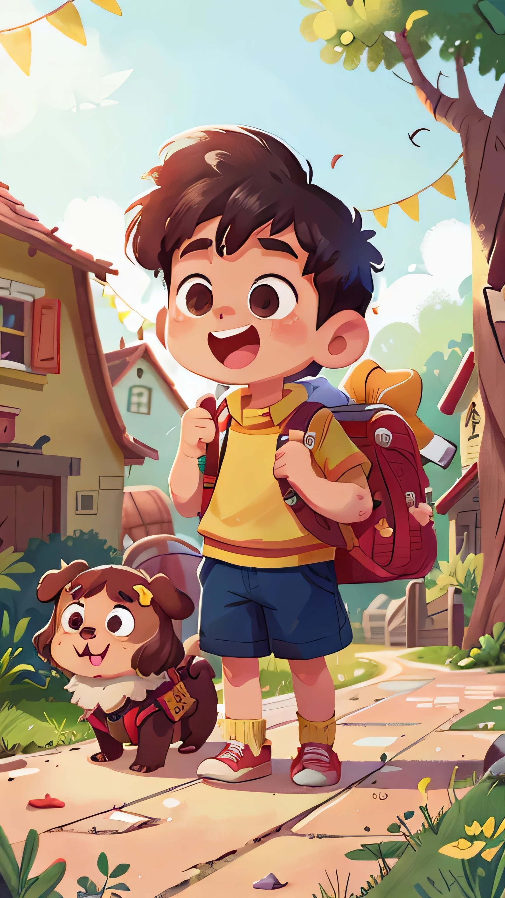 A boy carrying a school bag ran head-on and his dog beside him,School playground,comci style,cheerfulness,Rejoice,Perfect quality,Clear focus(Clutter - home:0.8), (tmasterpiece:1.2) (realisticlying:1.2) (Bokeh) (best qualtiy) (detailedskin:1.3) (complexdetails) (8K) (detailedeyes) (Sharp focus),(having fun)(The character is in the upper part of the picture