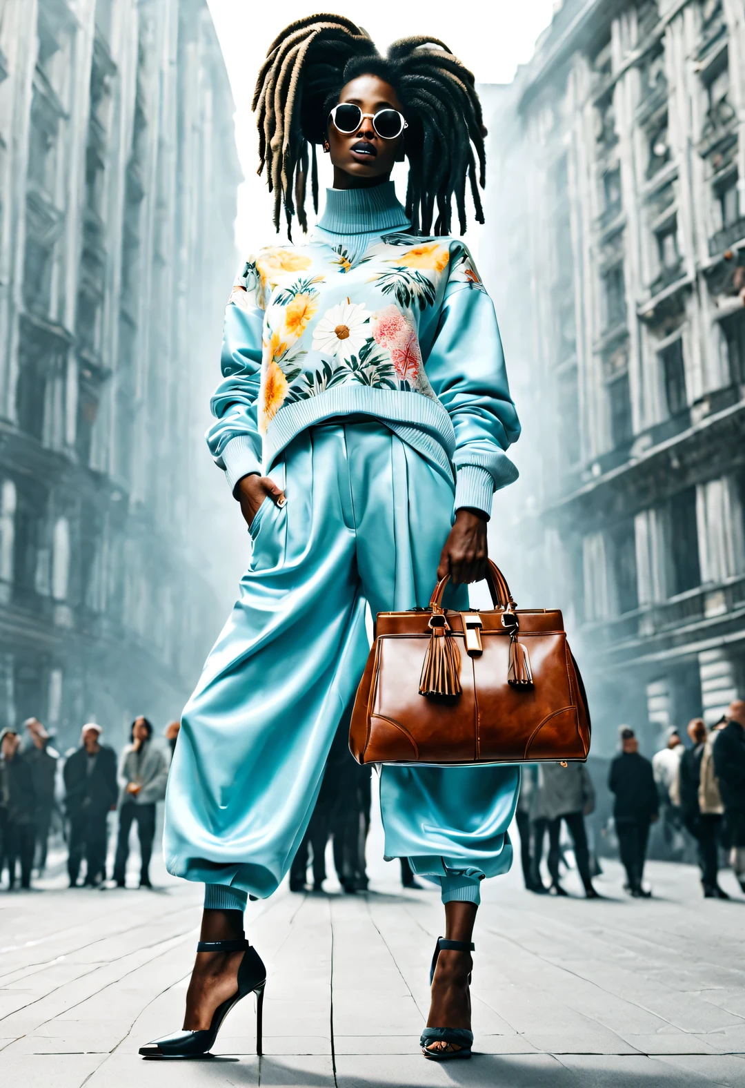 (Modern art dance simple poster design), (Half-length close-up), (Beautiful Chinese girl kissing big luxury leather bag,), ((Wearing sunglasses and braided hairstyle:1.2)), Characterized by exquisite details and layering, The pastel tones of a light blue jacket and an off-white floral sweater blend together, Black and white plaid pants also have a sharp contrast, Create an elegant and modern urban style, Wear modern and stylish winter fashion, slim waist, high nose bridge, look up姿势, sad but beautiful, slender figure, Exquisite facial features, swirling fog illustration, ink painting, black hair,Proudly, Surrealism, contemporary art photography, action illustration, abstract expressionism, Pixar, depth of field, motion blur, backlight, Fall out, decline, look up, Sony FE General Manager, ultra high definition, masterpiece, Accuracy, textured skin, Super details, high detail, high quality, Award-winning, best quality, grade, 16k, Photographed from a bottom-up angle,