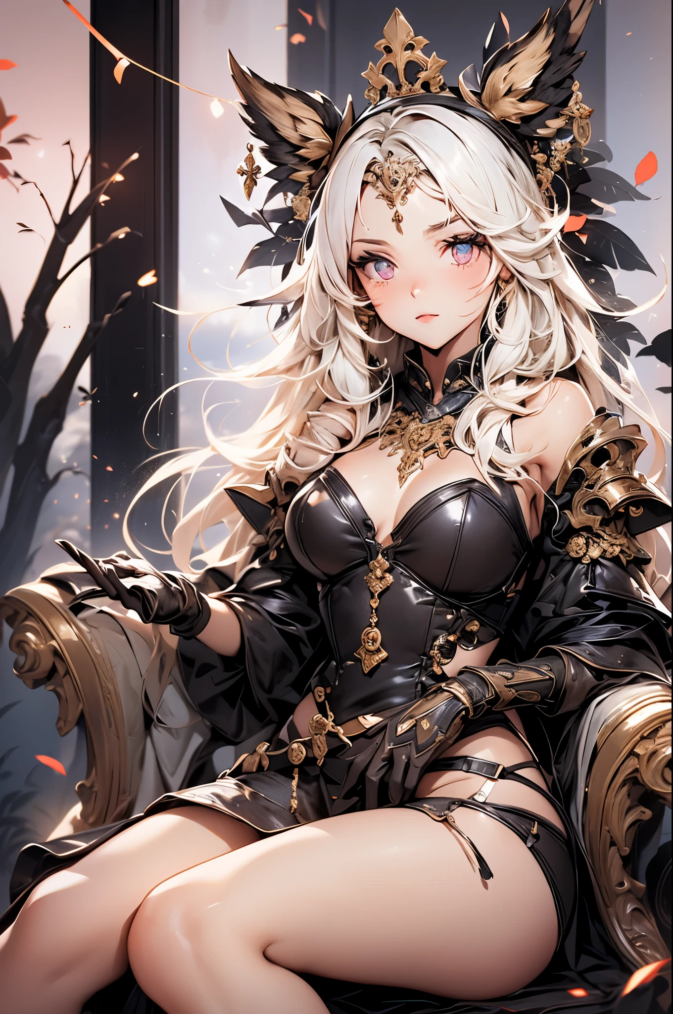 (masterpiece), (best quality), 1girl, sexy, girl with fox ears, queen, crown, sitting on a throne, ancient castle, white hair, nine-tail