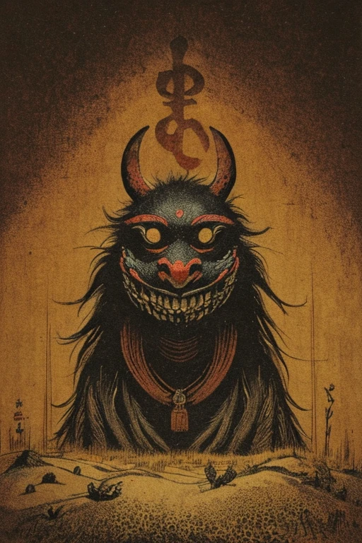monster, ((jumpscare)), Outline warm color, ((festival)), ((Chojugiga)), ((Shihon Bokuga)), antique, (anthropomorphism), (Sumi-e), (Old paper style illustration), (hunting paintingural style, Little monster, Monochrome art, old performance, variational pointillism, flat illustration, eerie, (horror elements), eerie worldview, (primitive art), Outline warm color, old picture scroll style, old staging, Ancient mural style
