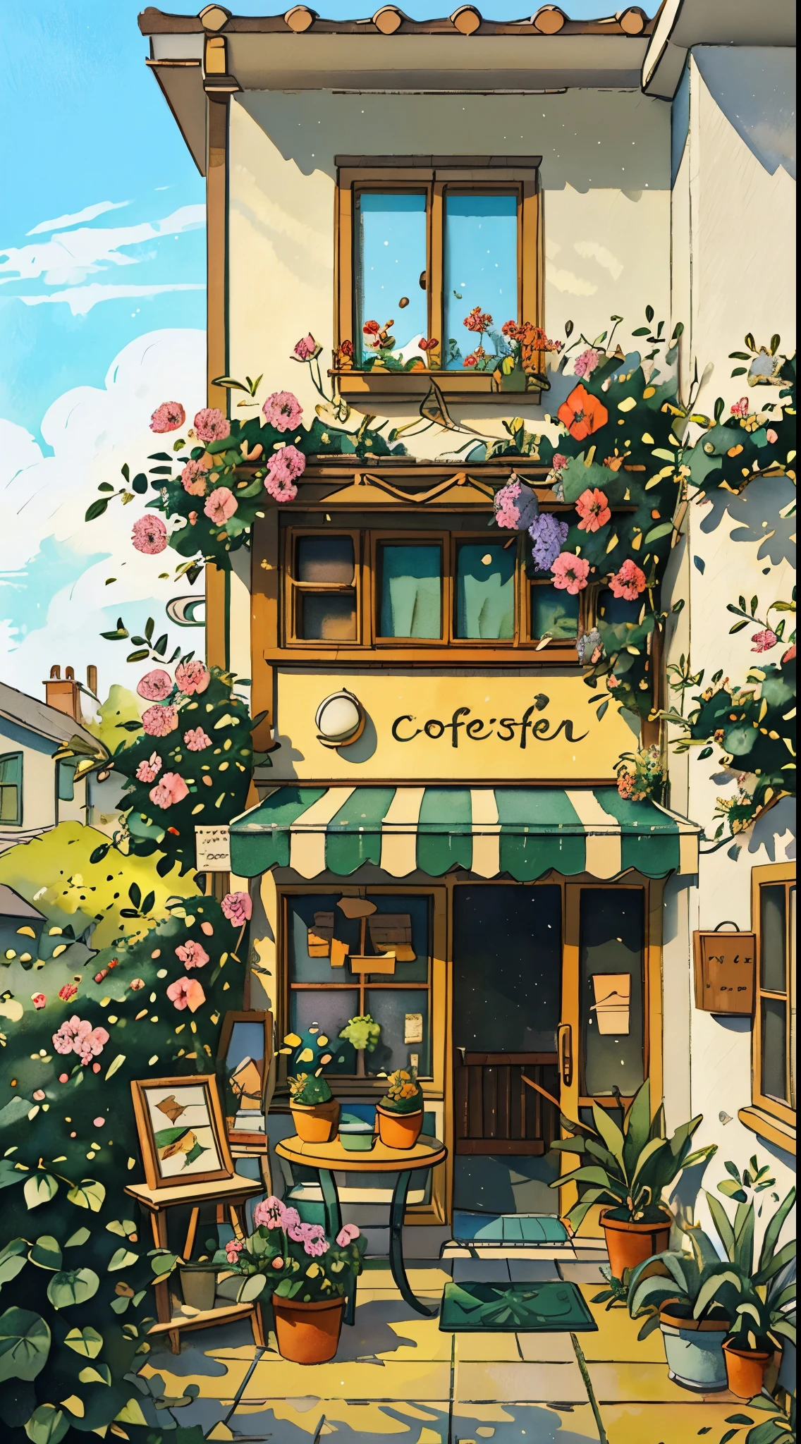 JZCG021,Flower store,coffee spot,tables,chairs,no one,windows,flowers,plants,potted plants,watercolor (medium),landscapes,doors,air conditioning,paintings (medium),traditional media,houses,outdoors,balconies,architecture,masterpiece,best quality,high quality,Botanical,, masterpiece,best quality,high quality, 