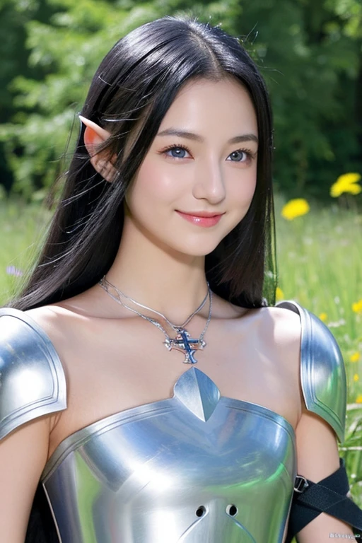 Create a photo of a young black-haired Japanese elf woman、blue eyes、She wears all silver armor。carrying a rapier、I&#39;m smiling here。bare shoulders、I wear a cross necklace around my neck.、Lips with rouge、standing in the meadow、