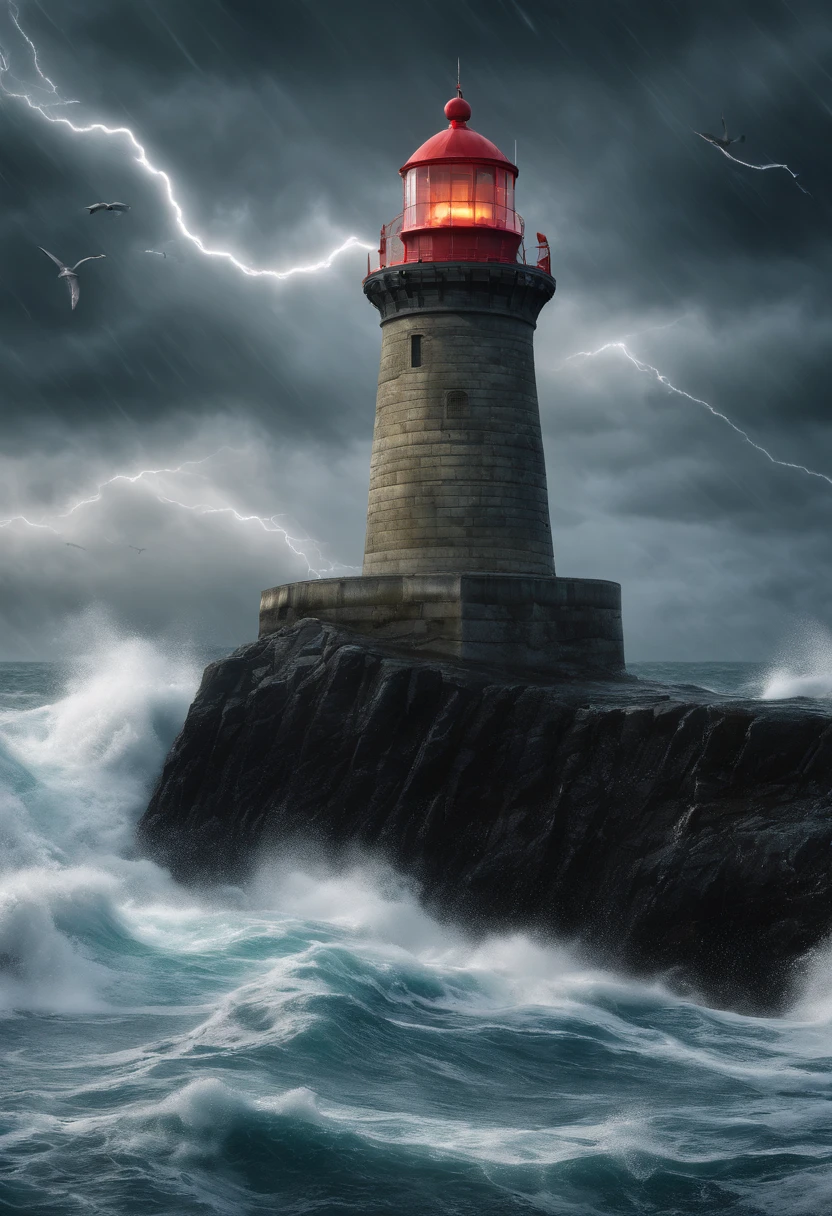 bajando Rt. 66 antes de una gran tormenta, nostálgico, Exhibición anual de iluminación, cumulonimbo, iluminación volumétrica, cielo grande. large abandoned high lighthouse, high cliff, heavy rain, strong windincrease proportional dimensions of lighthouse and abandoned escarpment, dark coast escarpment, rocky coastline, rough sea, storm,black clouds, lightning, tidal wave, hyper realistic 8k, ultra complex details, perfect texture, flying seagulls,cinematic plan, extreme photorealism kodak iso 25
