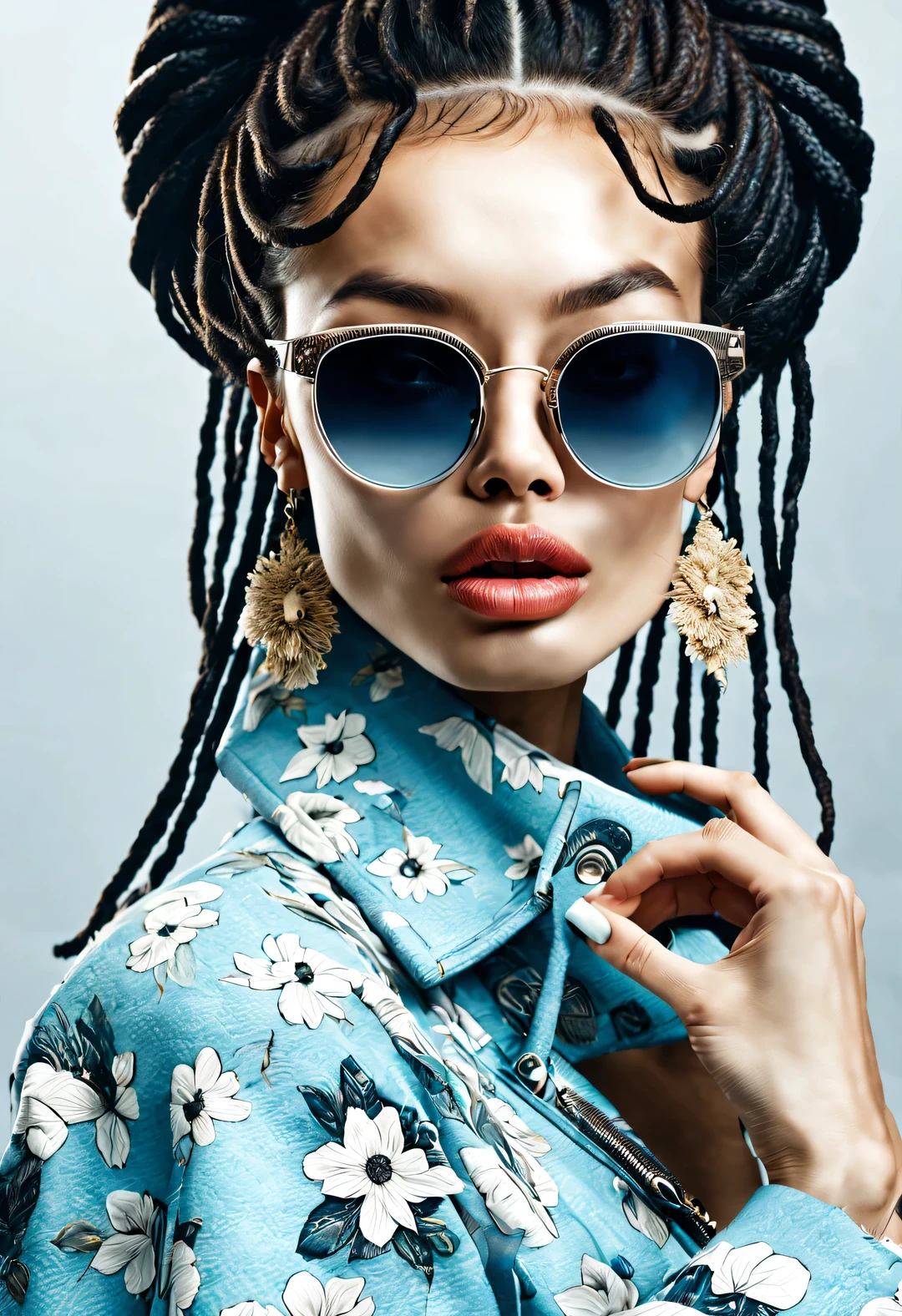 (Modern art dance simple poster design), (Half-length close-up), (Beautiful Chinese girl kissing big luxury leather bag,), (（Wearing sunglasses and braided hairstyle：1.2）), Characterized by exquisite details and layering, The pastel tones of a light blue jacket and an off-white floral sweater blend together, Black and white plaid pants also have a sharp contrast,， Wear modern and stylish winter fashion, slim waist, high nose bridge, look up姿势, sad but beautiful, slender figure, Exquisite facial features, swirling fog illustration, ink painting, black hair,Proudly, Surrealism, contemporary art photography, action illustration, abstract expressionism, Pixar, depth of field, motion blur, backlight, Fall out, decline, look up, Sony FE General Manager, ultra high definition, masterpiece, Accuracy, textured skin, Super details, high detail, high quality, Award-winning, best quality, grade, 16k, Photographed from a bottom-up angle,