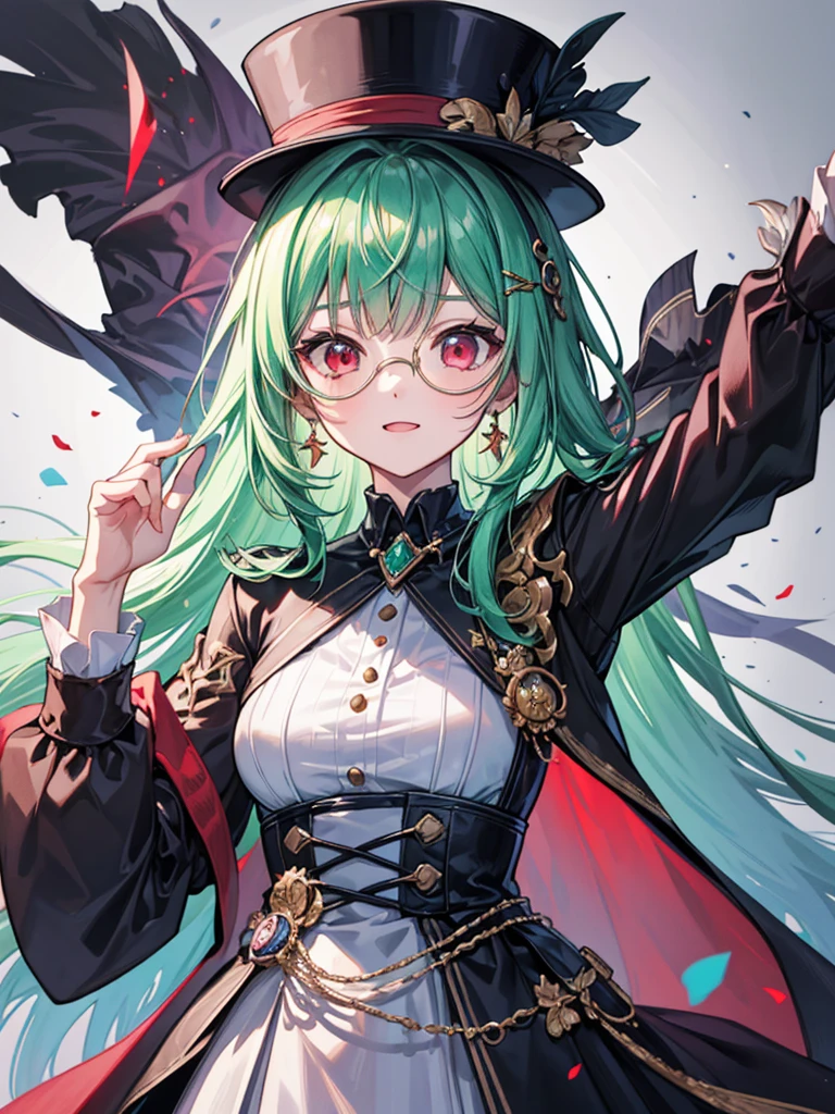 （（（masterpiece、Highest image quality、highest quality、highly detailed unity 8ｋwallpaper）））、（（Illustration of one girl））、（（（beautiful girl）））、（Emerald green hair、sidelocks：1.2、red eyes）、monocle、（（（crazy smile）））、（（（Black top hat、tuxedo）））