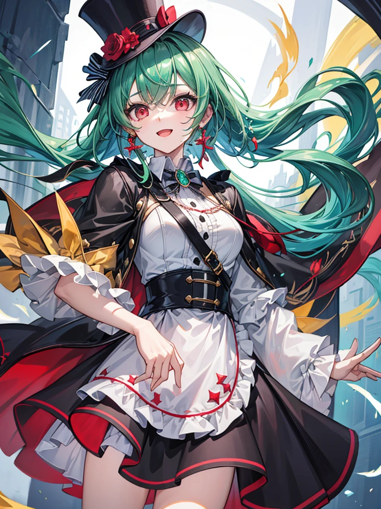 （（（masterpiece、Highest image quality、highest quality、highly detailed unity 8ｋwallpaper）））、（（Illustration of one girl））、（（（beautiful girl）））、（Emerald green hair、sidelocks：1.2、red eyes）、monocle、（（（crazy smile）））、（（（Black top hat、tuxedo）））