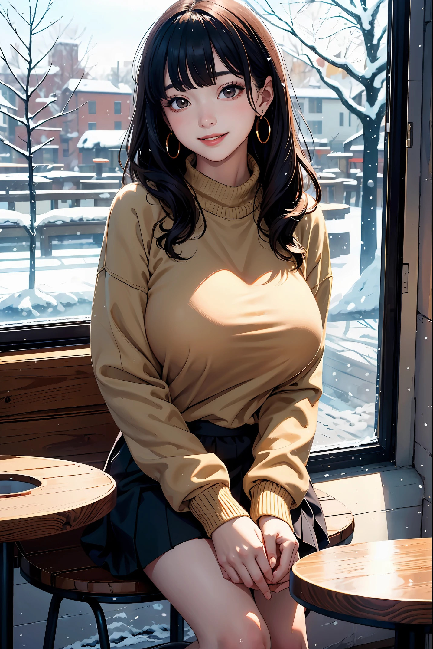 score_9, score_8_up, score_7_up, concept art, Expressiveh, ultra detailed, minomi, one beautiful girl, reAshley, solo, bangs, brown eyes, pale skin, sitting on wooden round table and lifting sweater, large (saggy:0.5) breasts, nipples, navel, red scarf, orange sweater, sleeveless turtleneck, green miniskirt, belt, pantyhose, night, (indoor), dim candlelight, low light, european village, dark theme, dynamic angle, full body (NSFW breasts), hdri, extremely naked, nude, nua, pelada, nsfw, gigantic breast 1.9