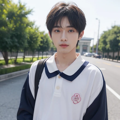 A boy,peach blossom eyes,Oval face,Without makeup。Wear a school uniform,lol(Teethless)to say hello to you。The background is campus。Men men men。Have male characteristics。Short hair, short hair, short hair,lol着打招呼,lol着打招呼,lol着打招呼。
