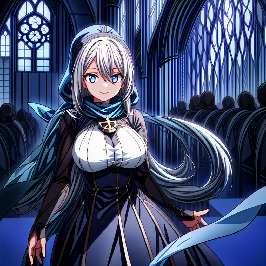 church,a girl,platinum long hair,Blue pupils,scarf,Split Sister Dress,Smile,Half open eyes,beautiful skin,glowing skin,Big breasts,moody lighting,sunny,8k,Ultra-detailed,masterpiece