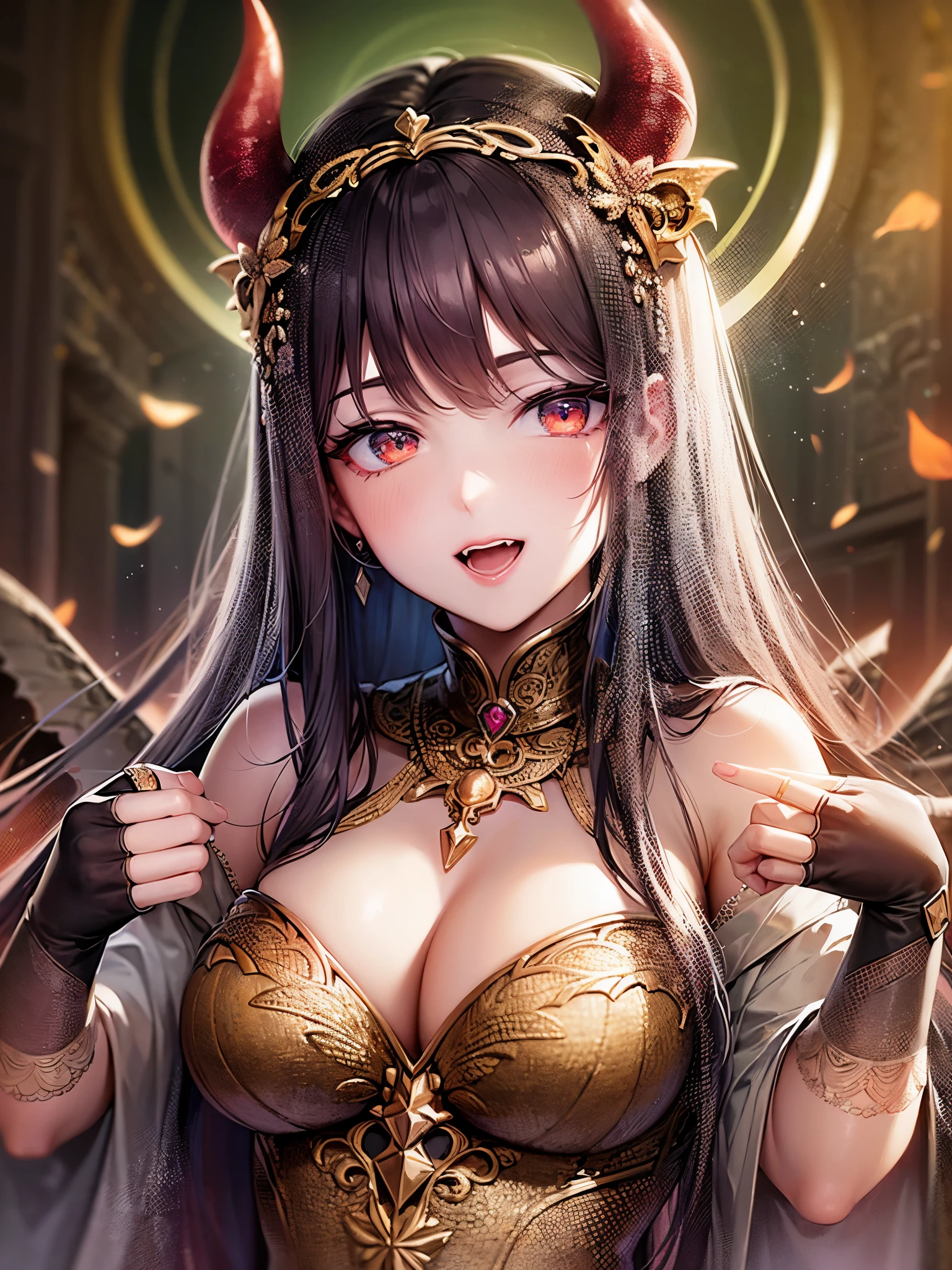 ((highest quality)),(ultra high resolution),(Super detailed),(detailed description),((best CG)),(best work of art),super precision art,great drawing art,(Fantasy art with precise details:1.5), (one female devil:1.6),beautiful and well-shaped face:1.5,evil smile:1.6,large twisted corner:1.5, Intricately detailed robe:1.6,Intricate and detailed embroidery:1.4, Pale flame:1.2