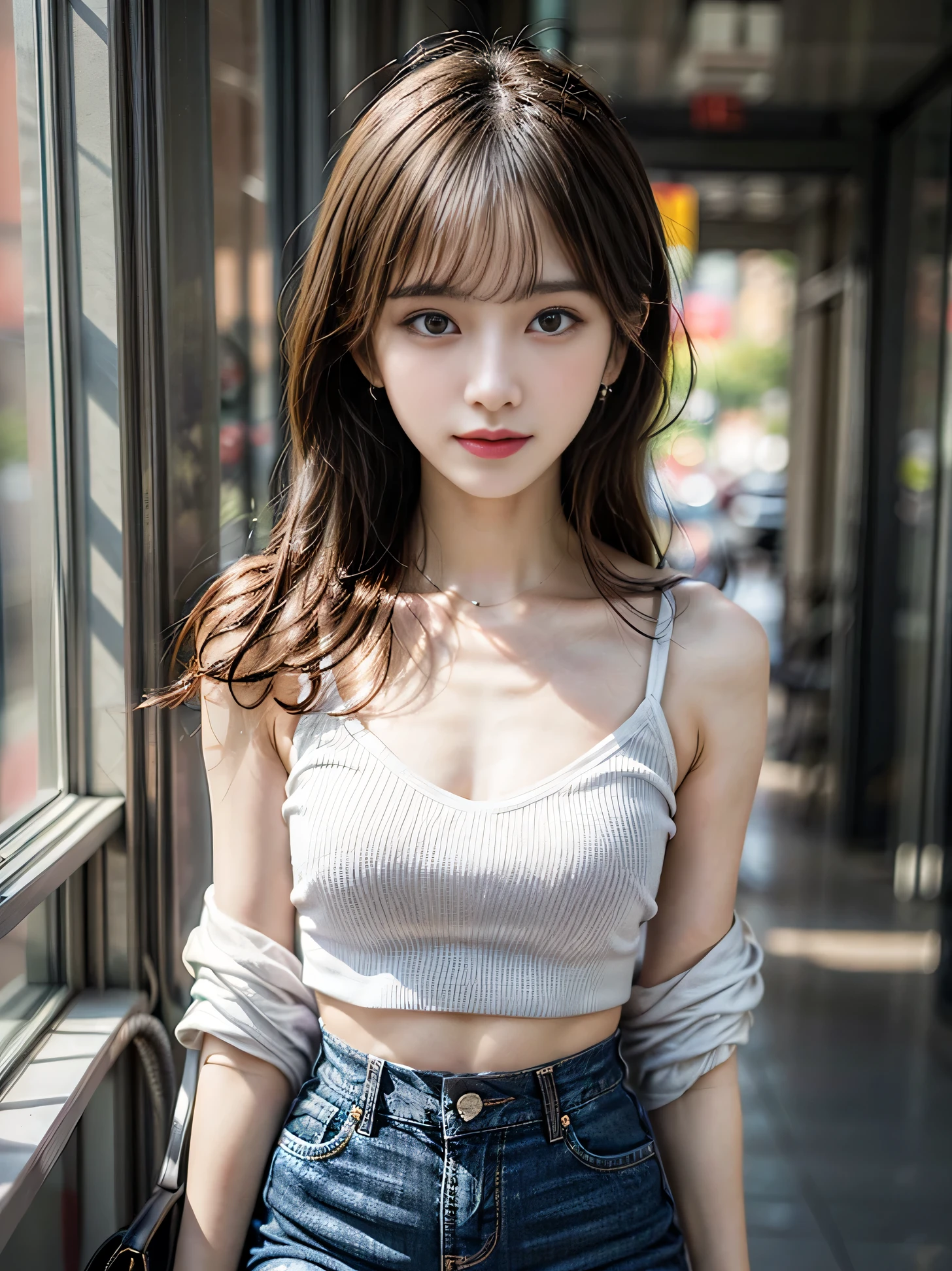 1 girl,20 years old, Height 165cm、body coordination、Proportions are well-proportioned、standing beside window,Bright backLight, alone, {Beautiful eyes details 1.3)(round eyes:1.8) , Highly detailed facial and skin textures, Natural and soft Light, dark brown hair,natural drape, Exquisite facial features, blunt bangs, beautiful korean girl, 眼睛have神, smile very happily 、(She wore a delicate lilac tube top:1.3)、 (She is wearing an exquisite ultra-short low-waisted denim skirt:1.3)、navel-baring outfit、Men have small waists、E杯、Deep V cut,film grain,sexy pose,Photograph of the body above the knee,long legs,masterpiece, best quality, Light, super detailed,, ultra high resolution, 8k wallpaper, Perfect dynamic composition, Exquisite facial features,It's a perfect face,Facing the peak of sexual arousal, looking at the audience,hair natural,Fragrant shoulders,clavicle,Ultimate Light and shadow,Wear delicate earrings,have,(Skin texture is extremely delicate1.3), (perfect details: 1.1),Looks a lot like actor Zheng Shuang,Place your hands behind your body、