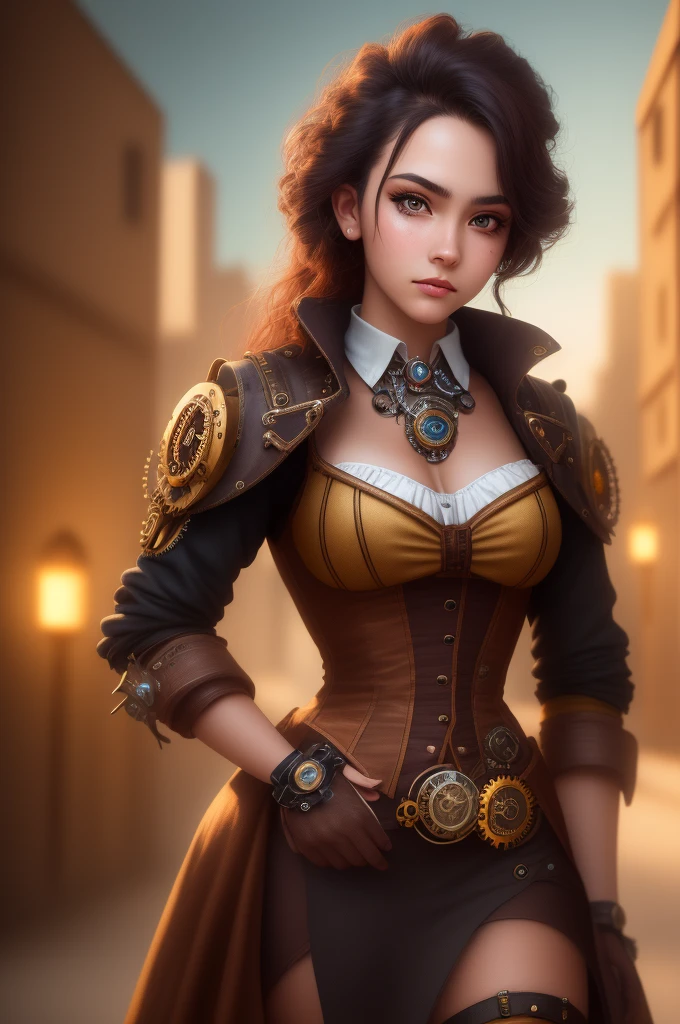 Columbian 13 year old girl, half body view, (front to camera), detailed european face, (aspiring facial expression), (((steampunk style close))), ((steampunk city on the background)), RAW, analog style, ultra detailed photograph, cinematic lighting, artstation, 4k, sharp focus, high resolution, detailed skin, detailed eyes,