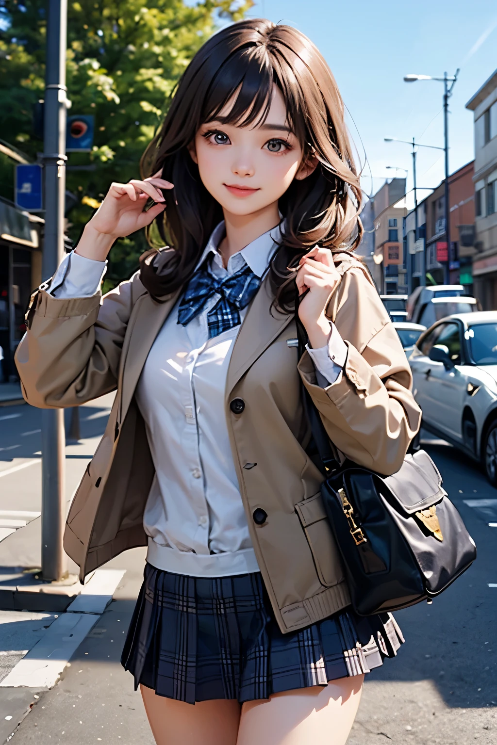 very cute and beautiful girl,(highly detailed beautiful face and eyes:1.2),(smile:1.2),happy,cheerful,cowboy shot,
(brown jacket:1.2),collared shirt,plaid bowtie BREAK detailed legs,zettai ryouiki,brown shoulder bag,
stylish pose,dynamic angle,hair pin,black hair,(blue plaid mini skirt:1.2),stone gate,school entrance,colorful rose flowers,detailed background,
(best quality,masterpiece:1.2),(intricate details:1.2),extremely detailed,highres,solo,
hair fluttering in the wind,beautiful detailed sky,