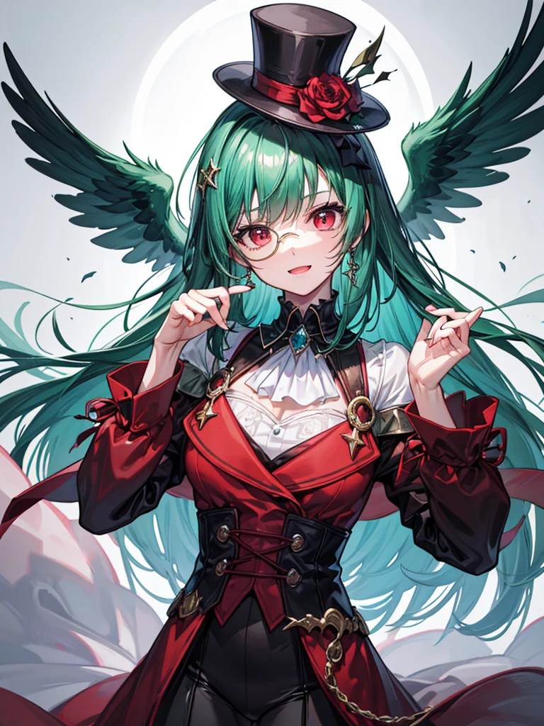 (((masterpiece、Highest image quality、highest quality、highly detailed unity 8kwallpaper)))、((Illustration of one girl))、(((beautiful girl)))、(Emerald green hair、sidelocks:1.2、red eyes)、monocle、(((crazy smile)))、(((Black top hat、tuxedo)))
