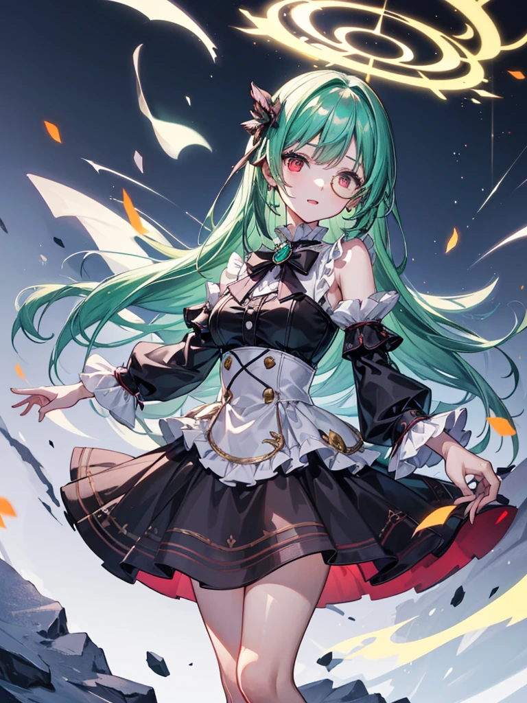 (((masterpiece、Highest image quality、highest quality、highly detailed unity 8kwallpaper)))、((Illustration of one girl))、(((beautiful girl)))、(Emerald green hair、sidelocks:1.2、red eyes)、monocle、(((crazy smile)))、(((Black top hat、tuxedo)))
