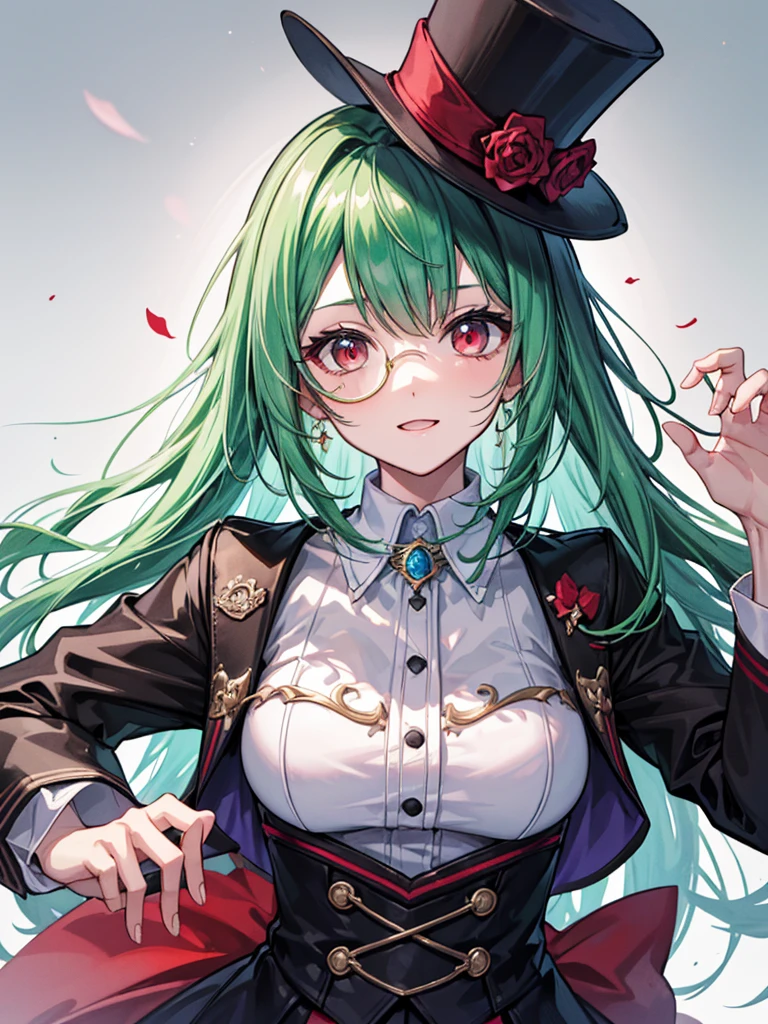 （（（masterpiece、Highest image quality、highest quality、highly detailed unity 8ｋwallpaper）））、（（Illustration of one girl））、（（（beautiful girl）））、（Emerald green hair、sidelocks：1.2、red eyes）、monocle、（（（crazy smile）））、（（（Black top hat、tuxedo）））