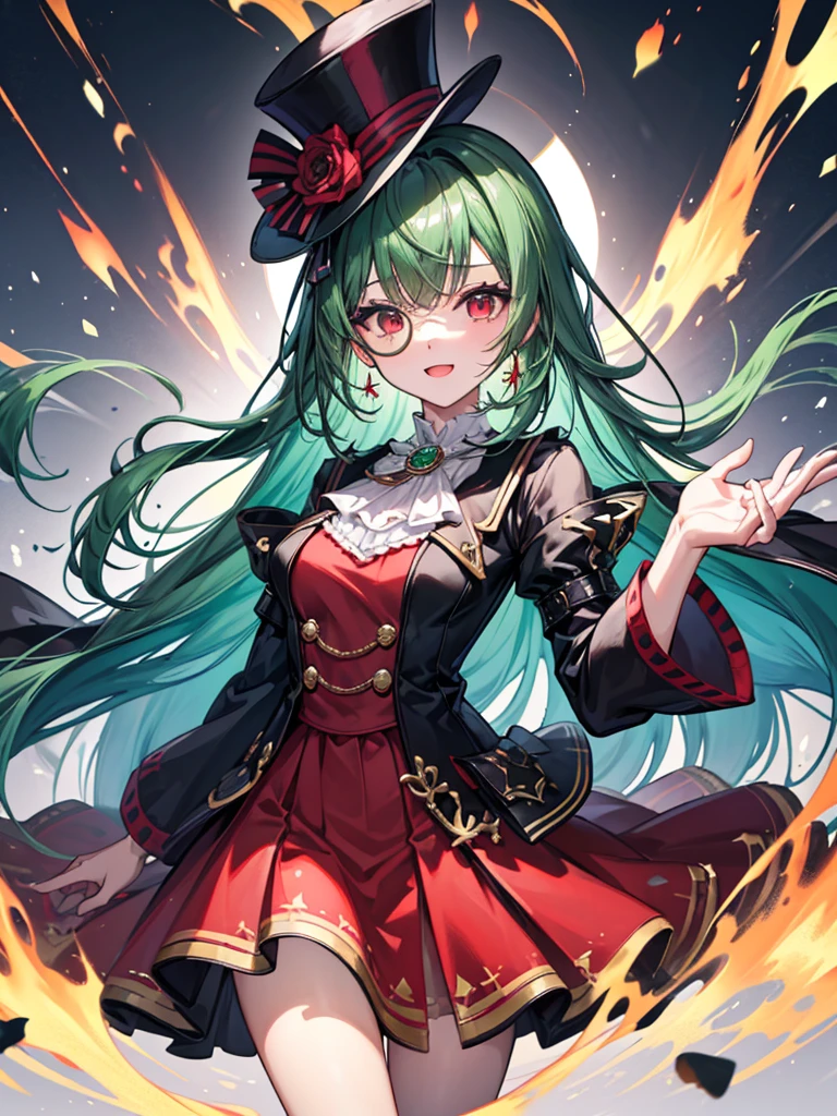 （（（masterpiece、Highest image quality、highest quality、highly detailed unity 8ｋwallpaper）））、（（Illustration of one girl））、（（（beautiful girl）））、（Emerald green hair、sidelocks：1.2、red eyes）、monocle、（（（crazy smile）））、（（（Black top hat、tuxedo）））