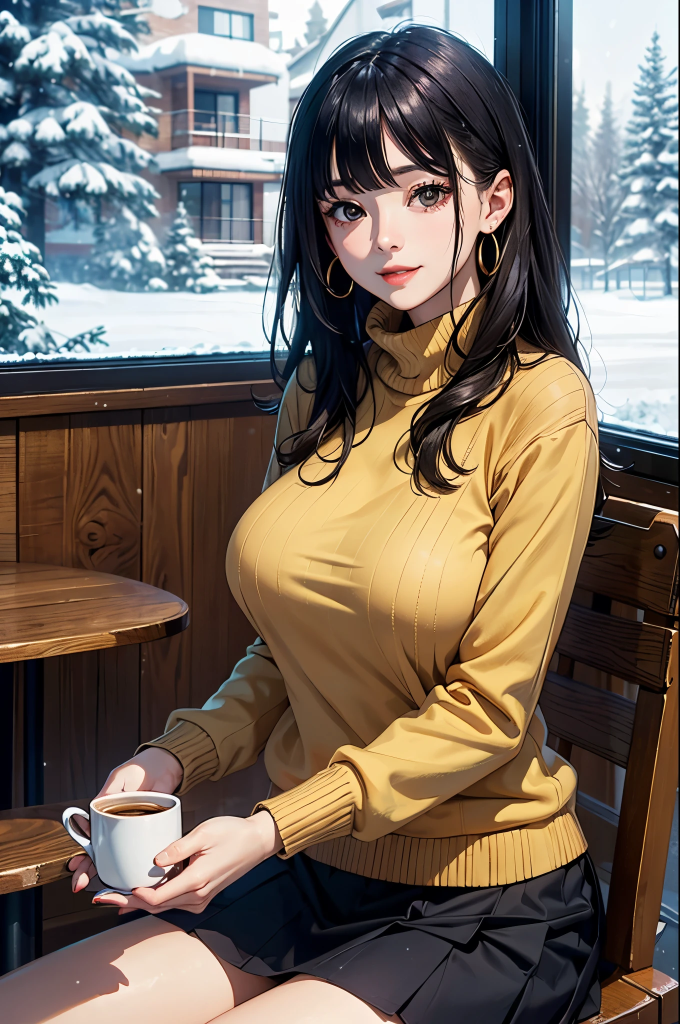 (masterpiece:1.4)、(highest quality:1.4)、ultra high resolution、20 year old woman、black long hair、blunt bangs、earrings、brown eyes、Beige sweater、skirt、(huge breasts:1.1)、red face、smile、it&#39;s snowing、Cafe、sit、window、Coffee cup、natural lighting、deep shadow lighting