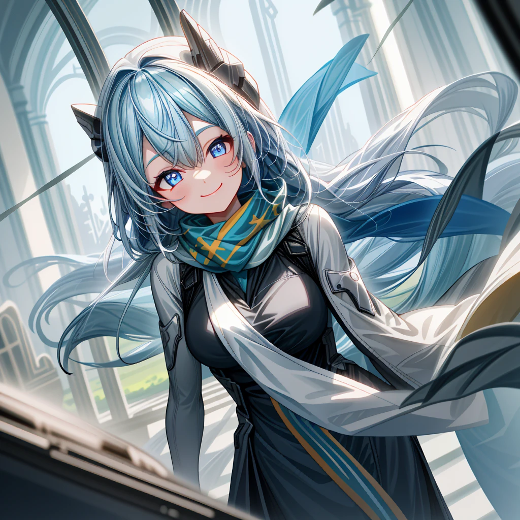 church,a girl,platinum long hair,Blue pupils,scarf,Split Sister Dress,Smile,Half open eyes,beautiful skin,glowing skin,Big breasts,moody lighting,sunny,8k,Ultra-detailed,masterpiece