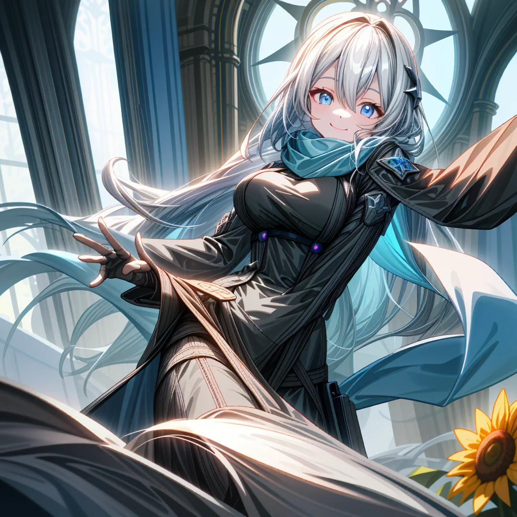 church,a girl,platinum long hair,Blue pupils,scarf,Split Sister Dress,Smile,Half open eyes,beautiful skin,glowing skin,Big breasts,moody lighting,sunny,8k,Ultra-detailed,masterpiece