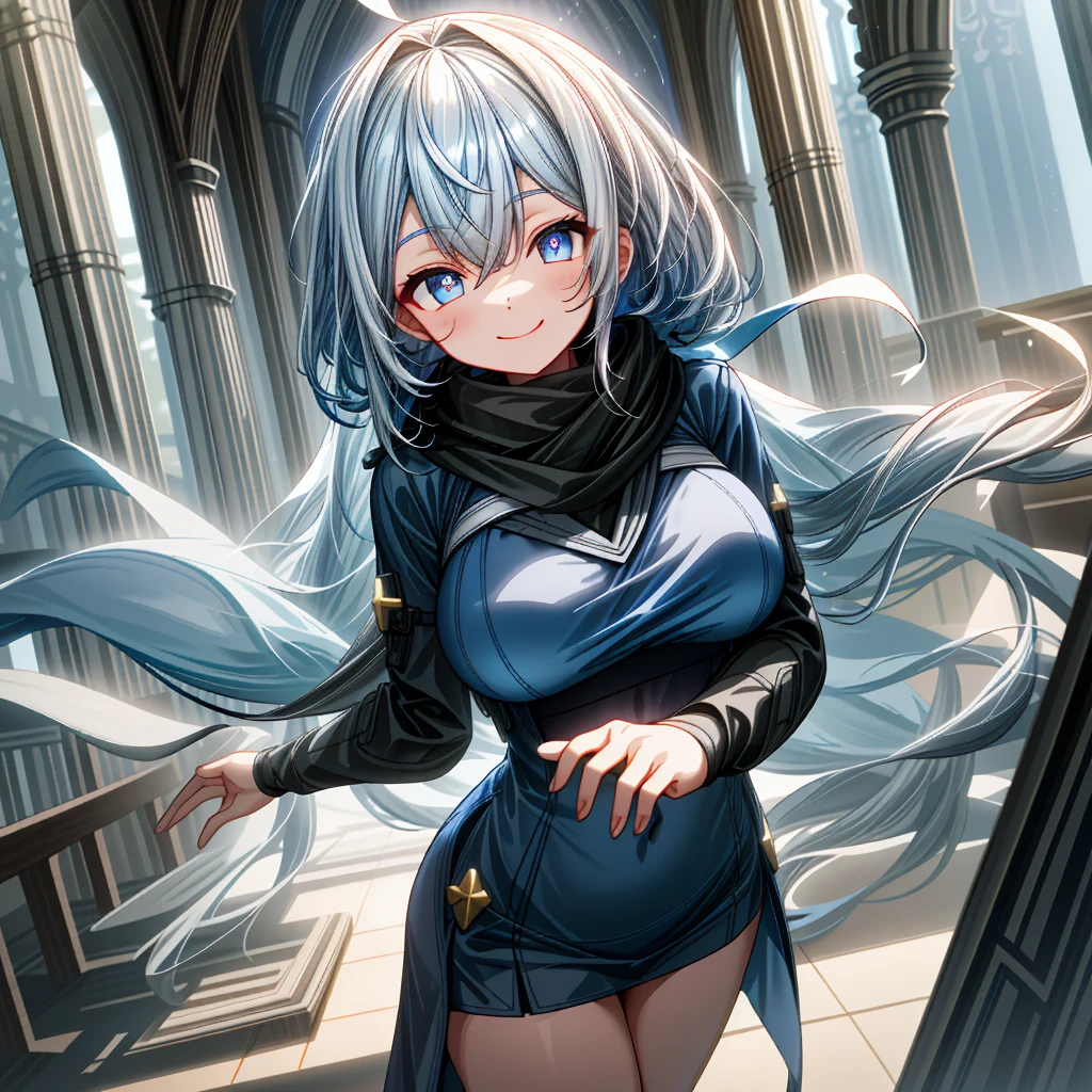 church,a girl,platinum long hair,Blue pupils,scarf,Split Sister Dress,Smile,Half open eyes,beautiful skin,glowing skin,Big breasts,moody lighting,sunny,8k,Ultra-detailed,masterpiece