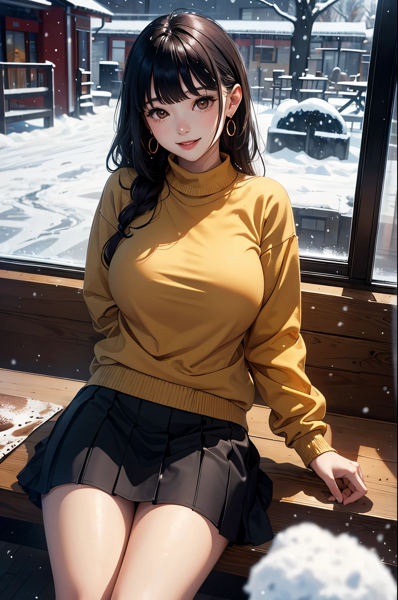(masterpiece:1.4)、(highest quality:1.4)、ultra high resolution、20 year old woman、black long hair、blunt bangs、earrings、brown eyes、Beige sweater、skirt、(huge breasts:1.1)、red face、smile、it's snowing、Cafe、sit、window、Coffee cup、natural lighting、deep shadow lighting