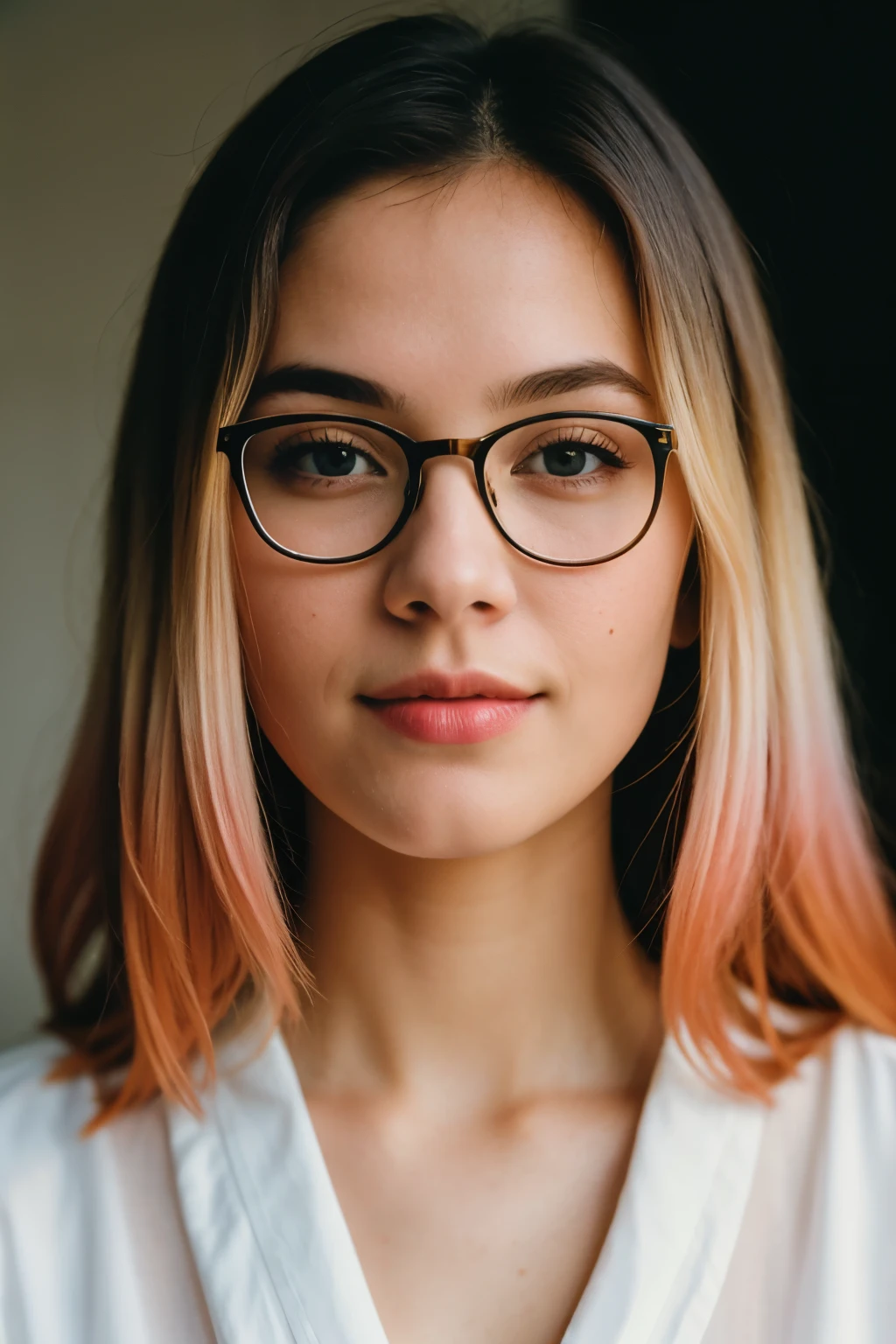 ((best quality)), ((masterpiece)), (detailed) with iphone camera BREAK medium shot selfie of a pretty young woman BREAK (ombre:1.3), BREAK film grain, medium quality (Best quality, Ultra detailed, Golden ratio, Masterpiece:1.2), Theatrical lighting:0.7, Photo of a woman, blonde pink hair, Perfect rare face, (Highly detailed skin),Ridicule, skin texture, Pale skin, shiny skin, (thin, large size:1.2), [:(Sharp focus on rare face, perfect eyes:1.2):0.2], photorealistic, film grain, Put one foot forward、from below looking up、look at camera、Emphasize the shoulders, Focus on face、Stockings、glasses、Smile with corners of mouth raised、disdainful expression, summer haze, muted colors, muted warm colors, Photo cinematic portrait of a woman , cinematic, (tilted:1.3) look cautious, standing under a spotlight, volumetric dust clouds, key light, backlight, soft natural lighting, photography Film grain ISO 400 30 mm lens RAW f1.8 aperture, highly detailed (analog photography:1), colors hdr, 