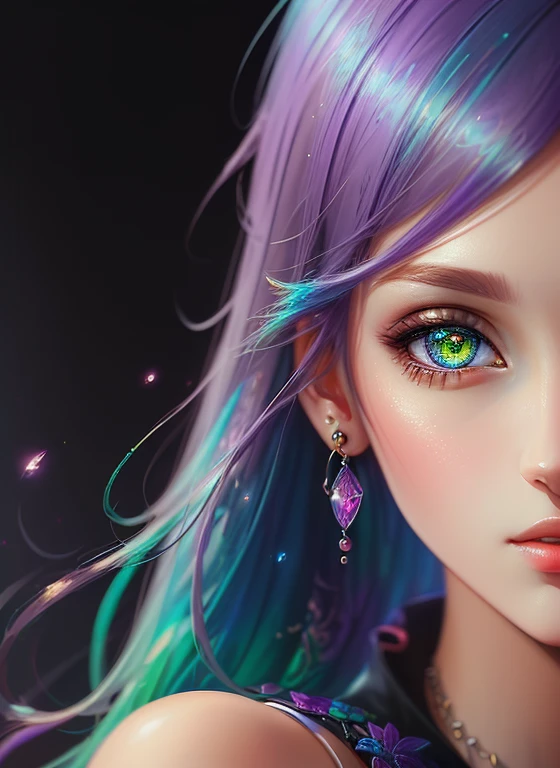 ((highest quality)), ((masterpiece)), ((realistic)), (detailed),and soul、anime style、 (1 woman）Earring-only accessories、Close up portrait of woman with greenish-purple hair color、Beautiful shining eyes, like transparent glass、Casual sleeveless without collar、summer clothes、4K high definition digital art、amazing digital illustrations、Amazing 8K artwork、colorful digital fantasy art、Colorful and bright、beautiful digital artwork、Colorful Digital Anime Art、Portrait of beautiful woman、8K HD Digital Wallpaper Art、 gorgeous digital painting