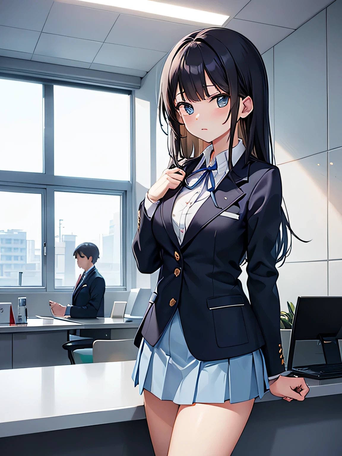 (1) A woman is waiting at the company's reception counter.. (There was only one woman at the reception counter..)
(2) The woman is wearing a light blue blazer and a light blue skirt. she wears a ribbon around her neck. Nameplate is attached to the left chest. (Blazer buttons must be closed.)
(3) she has long black hair.
(4) her expression is cold and cold.
(5) The location is the company's reception counter..