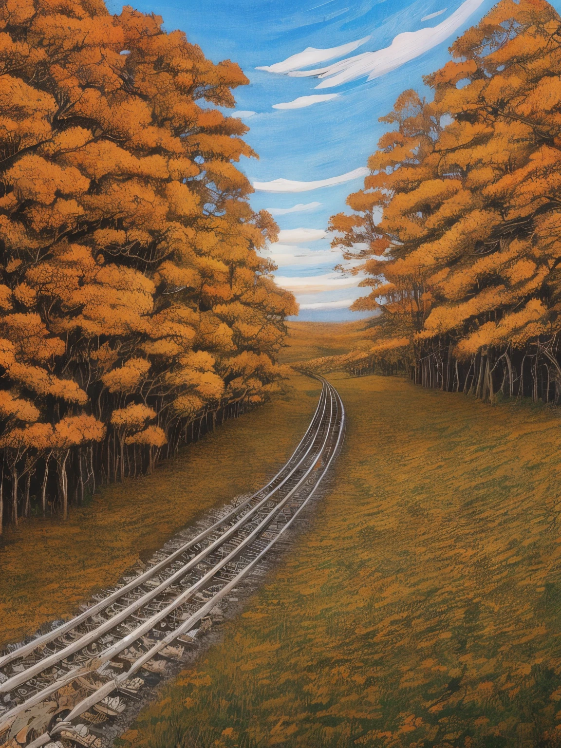 A painting of an autumn landscape, autumn trees and dead trees, dead leaves blowing, with train tracks, evening light, dark sky.