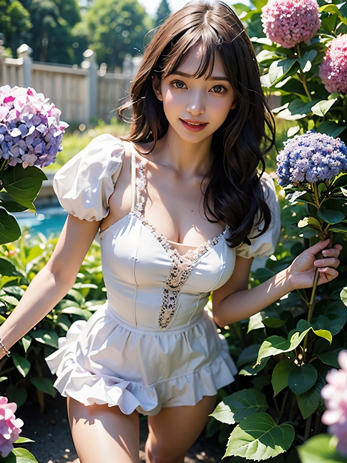 highest quality, masterpiece, ultra high resolution, 8K, to be born, (realistic:1.4), professional lighting, written boundary depth, (detailed background:1.5), hydrangea, flower garden, thin, dynamic pose, 1 girl, cute, smile, big black eyes, open your mouth, small breasts, Fine clothes, white, One piece with frills