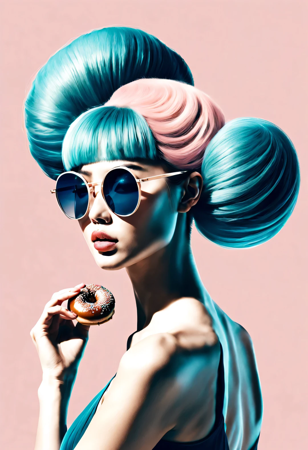 (Modern art fashion character design), Very unified CG, (Half-length close-up), Snowy background,
(A beautiful Chinese girl holds a big fruit basket and smiles gently), (An exaggerated red wide woolen scarf covered half of her face: 1.1), (Wearing large sunglasses，Comb your hair in a bun: 1.2), Harmonious combination of classic and modern, (Dark blue sweater), Girl fair and flawless smooth skin, high nose bridge, Raised pose, sad yet beautiful, slender figure, Exquisite facial features, swirling fog illustration, ink painting, black hair, meatball, Proud, Surrealism, contemporary art photography, action painting illustration, abstract expressionism, Pixar, depth of field, motion blur, backlight, radiation, decline, Head up angle, Sony FE General Manager, ultra high definition, masterpiece, accurate, textured skin, Super details, high detail, high quality, Award-winning, best quality, Level, 16k, Photographed from a bottom-up perspective, interesting,