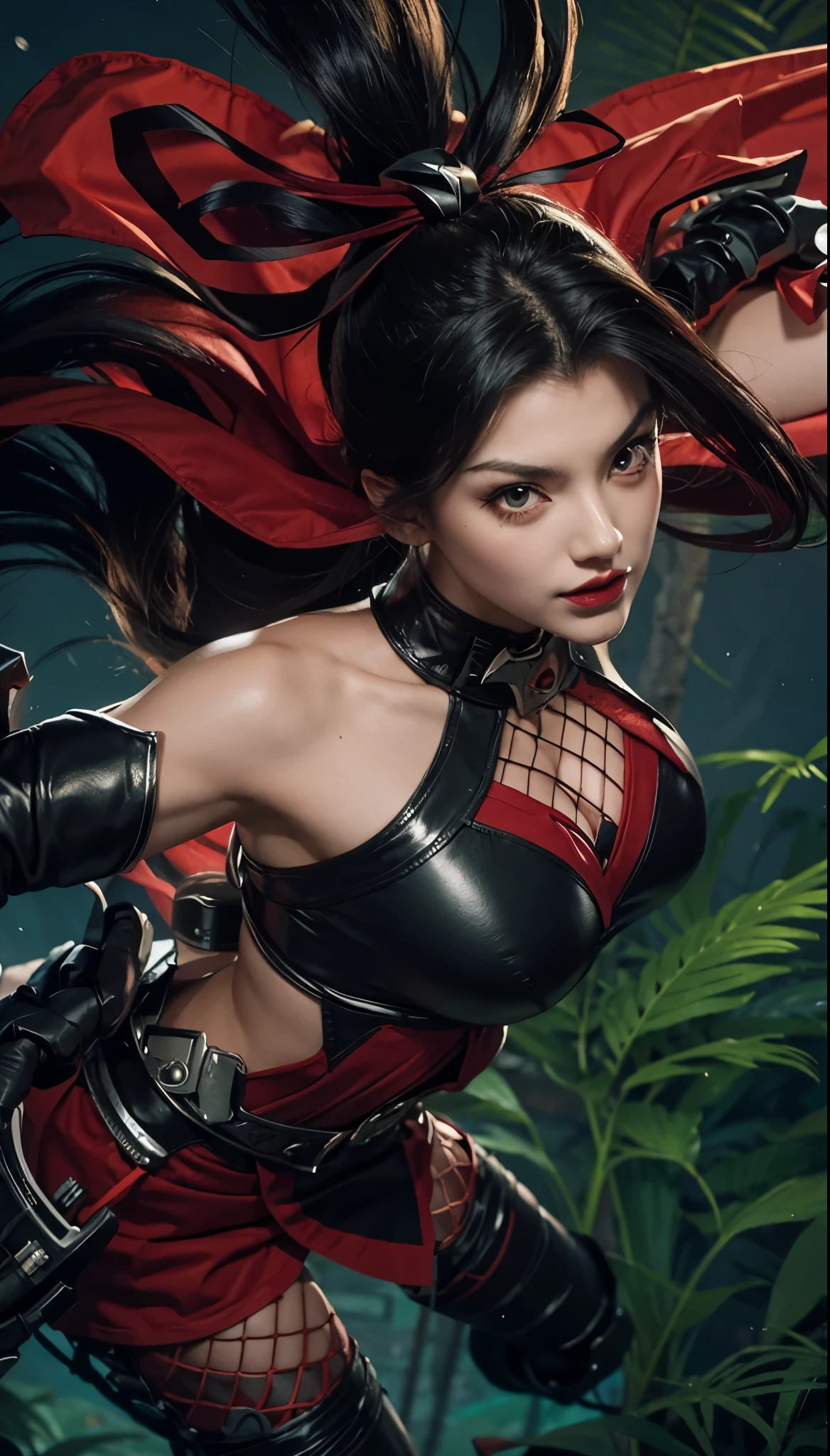 Woman with ninja dress, woman with black and red ninja dress, woman with very long black hair, woman with tied hair, woman with latex, woman with thic tight, woman with sexy face ,woman with sexy eyes , woman with red lipstick, woman with red eyeshadow, woman with makeup, woman with thic armpit, woman holding circle shiruken blade, woman using ninja dress with green forest background at night, woman with big rope on her hips