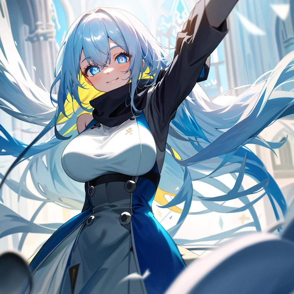 church，a girl，platinum long hair，Blue pupils，scarf，Split Sister Dress，Smile，Half open eyes，beautiful skin，glowing skin，Big breasts，moody lighting，sunny，8k，Ultra-detailed，masterpiece
