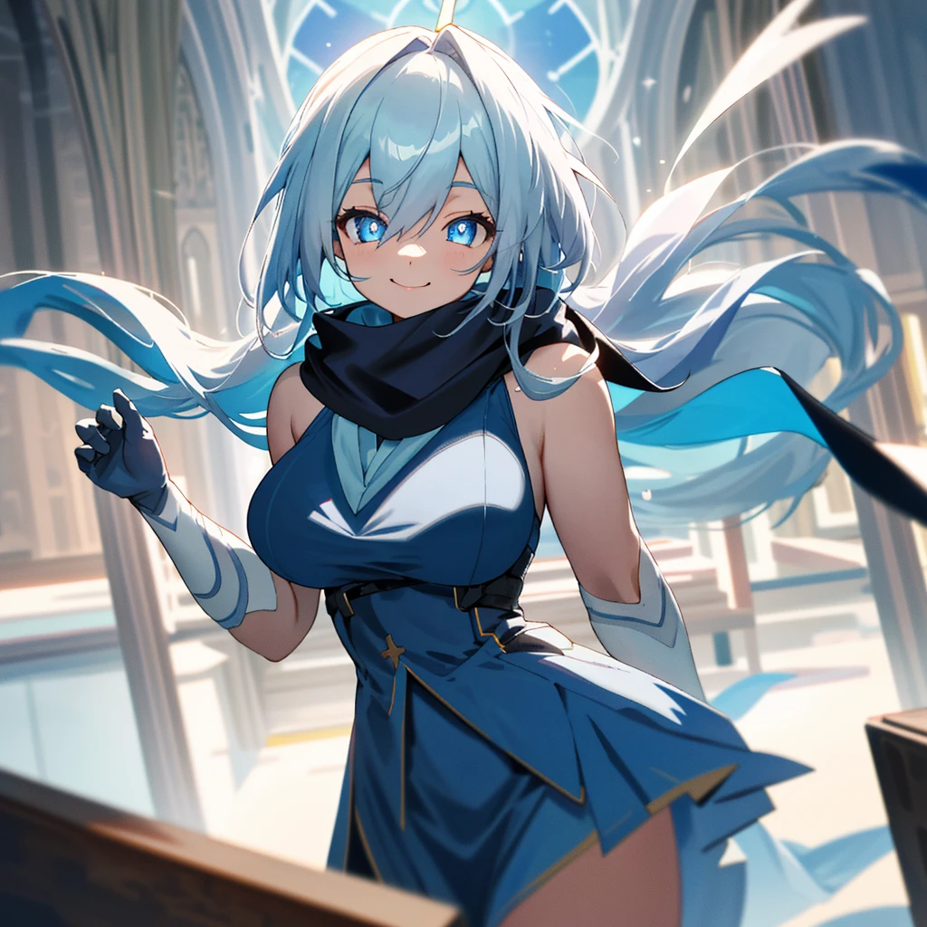 church,a girl,platinum long hair,Blue pupils,scarf,Split Sister Dress,Smile,Half open eyes,beautiful skin,glowing skin,Big breasts,moody lighting,sunny,8k,Ultra-detailed,masterpiece