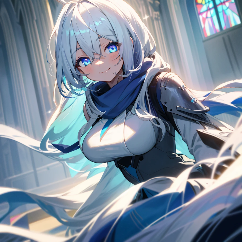 church,a girl,platinum long hair,Blue pupils,scarf,Split Sister Dress,Smile,Half open eyes,beautiful skin,glowing skin,Big breasts,moody lighting,sunny,8k,Ultra-detailed,masterpiece