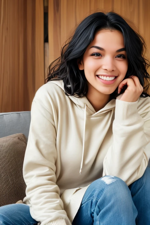 A young woman with a laid-back style, wearing jeans and a hoodie, her naturally curly black hair framing her face, paired with soulful brown eyes and expressive eyebrows, laughing, masterpiece, best quality, photo \(medium\)