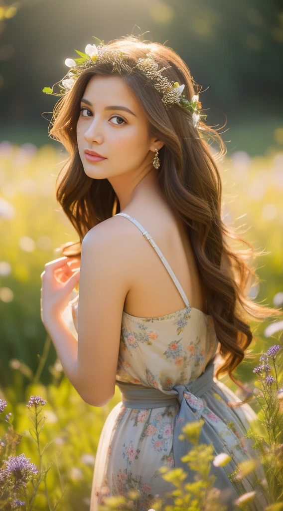 (((masterpiece, best quality:1.1))), high resolution, (ultra-detailed), 1girl ,light makeup, mature female, seductive, elegant, stylish, curvy, looking at viewer , (((waist length body))) , perfect body, beautiful woman, (beautiful detailed face:1.2), beautiful detailed eyes,((intricate detailed)), perfect hands, detailed fingers, mature female, boho maxi dress, Loose waves with a flower crown hair , A sunlit meadow with wildflowers background, volumetric lighting, intricate details, sharp focus, hyper detailed, trending on Art station