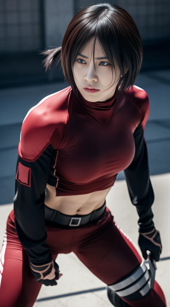 Photography capturing Mikasa, a fierce and determined warrior from the series "Attack on Titan," in a close-up shot. Mikasa is dressed in her iconic tight-fitting combat attire, showcasing her strength and agility. Her intense gaze reflects her unwavering focus in the midst of a chaotic battlefield. The photograph is framed tightly, emphasizing Mikasa's resolute expression and the tension in her muscles. The lighting is harsh, casting bold shadows that accentuate her powerful stance. This captivating image encapsulates Mikasa's unwavering determination and prowess in the face of adversity